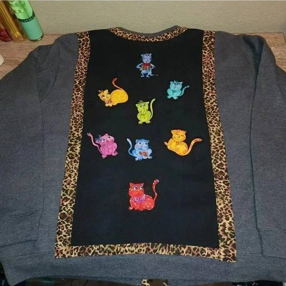 Amazing Handmade Appliqué Cats Sweatshirt Jacket Shacket Oversized Women's XL - Picture 4 of 10